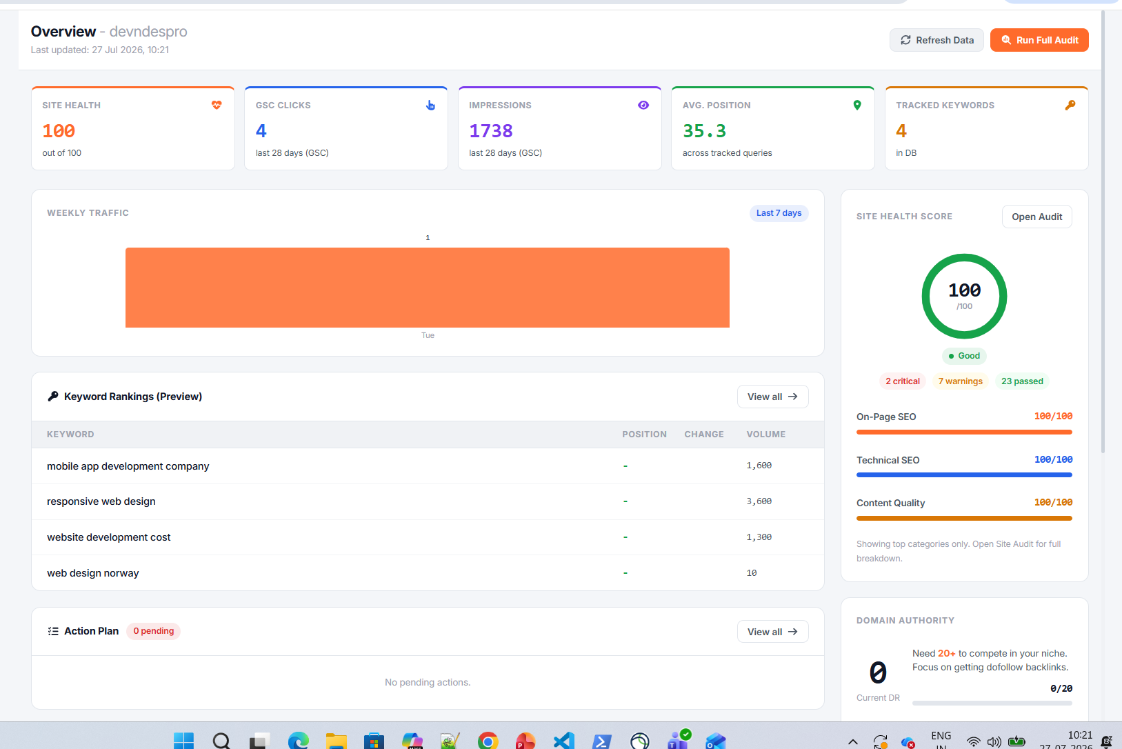 DevnDespro SEO dashboard overview